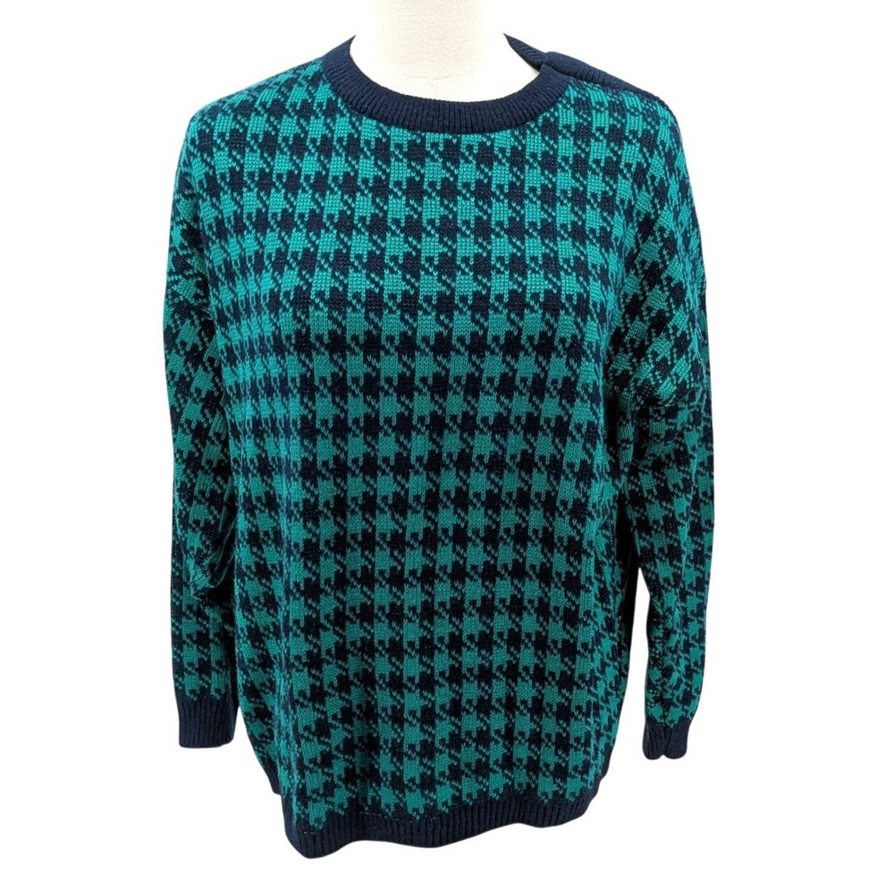 Vintage Houndstooth Sweater Emerald Navy Oversized Pullover Plus Size 18